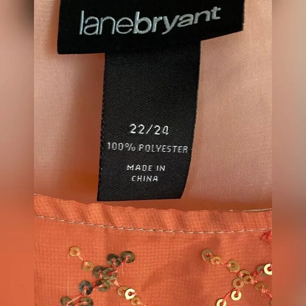 Lane Bryant Blouse Women’s 22 Orange Sequins Flutter Sleeves Sheer Ruffles Fairy - Picture 3 of 5